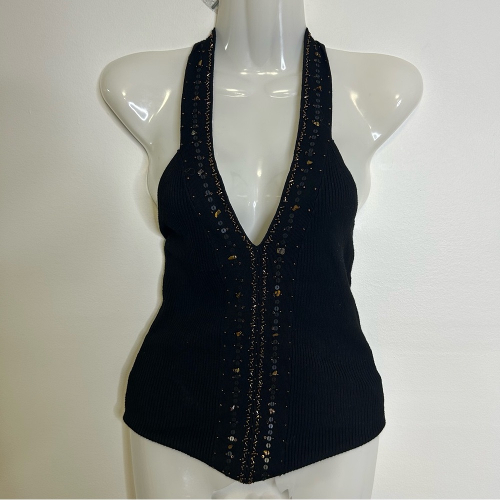 ◾️Vintage Y2K Papaya Halter Neck Embellished Ribbed V Neck Top - Picture 6 of 8